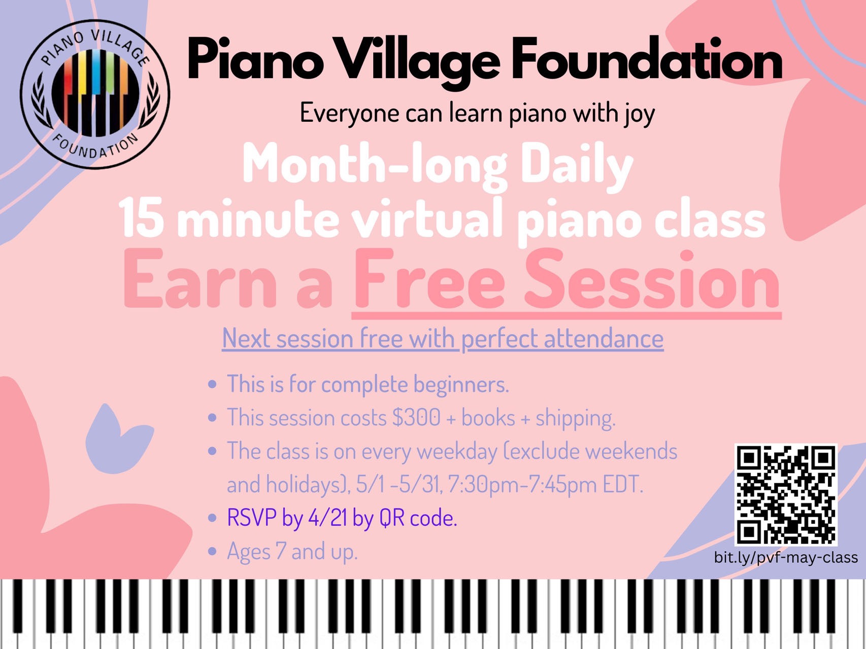Month Long - Daily 15 Min Virtual Piano Class
